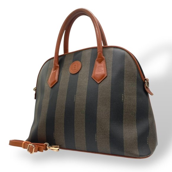 Vintage Fendi Boston bag in brown and khaki leather with a pecan pattern stri... - Picture 1 of 16